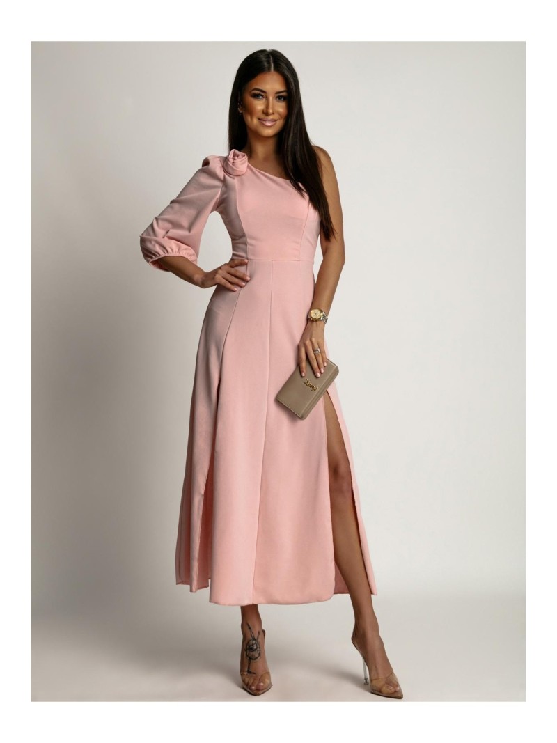 Maxi dress with an asymmetrical neckline, powder pink AZR241089